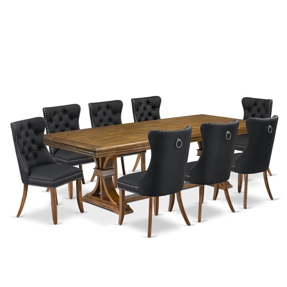 9-Piece Acacia Wood Dining Set with 8 Dark Grey Faux Leather Chairs G2512