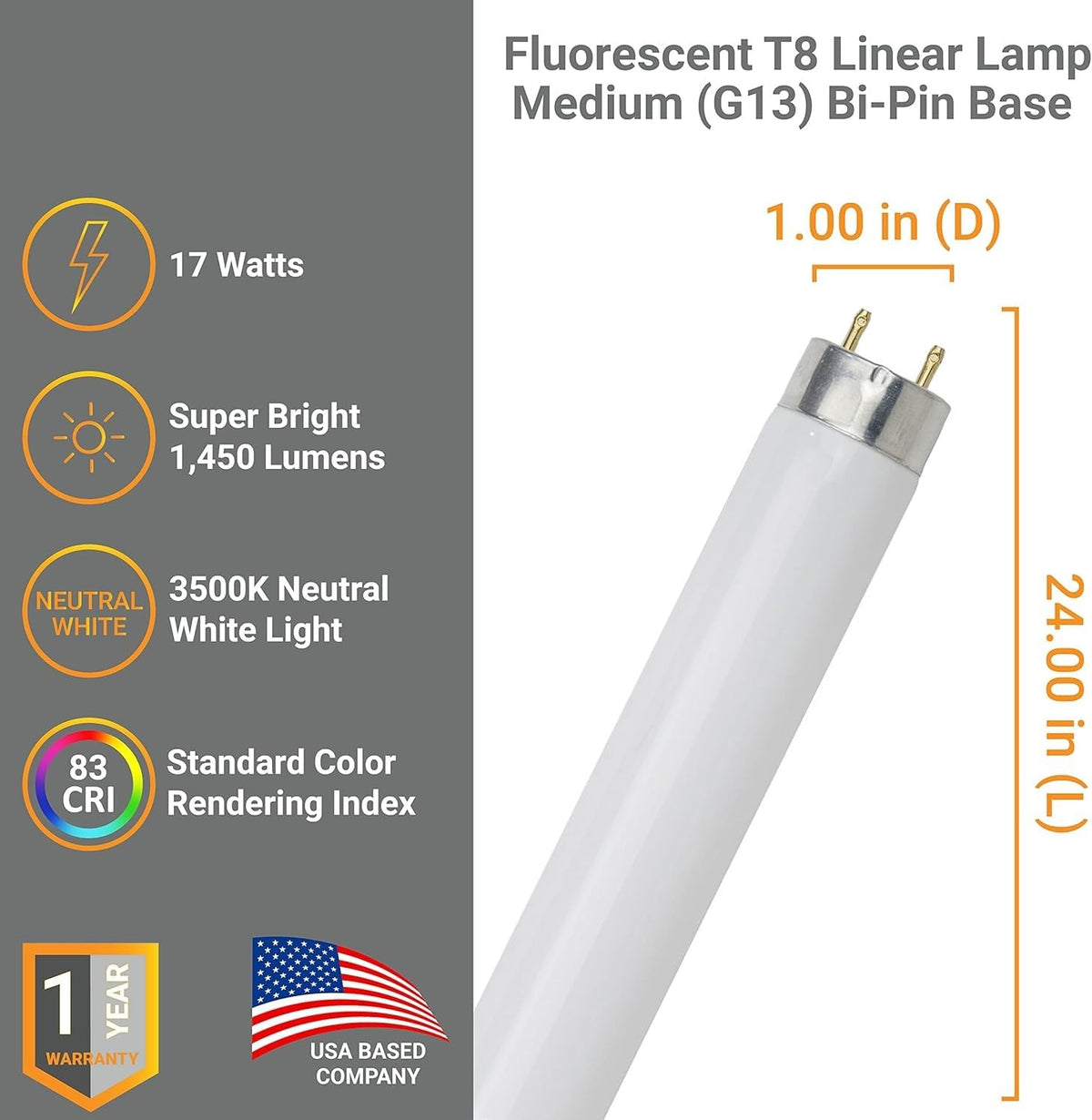 24 Inch T8 Fluorescent Tube Light Bulb 17W 3500K G13 Bi-Pin Pack of 10 P191