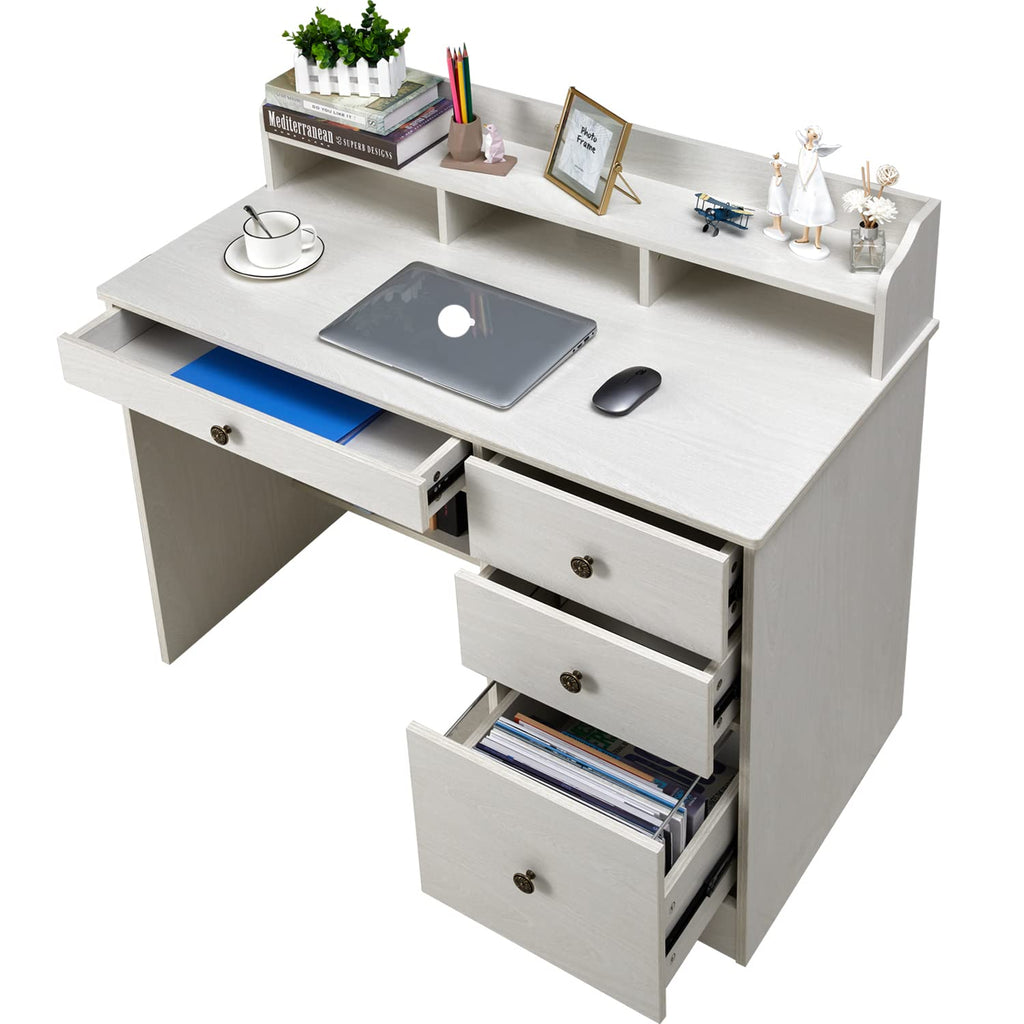 Oak White Computer Desk with 4 Drawers and Hutch Shelf Q6185