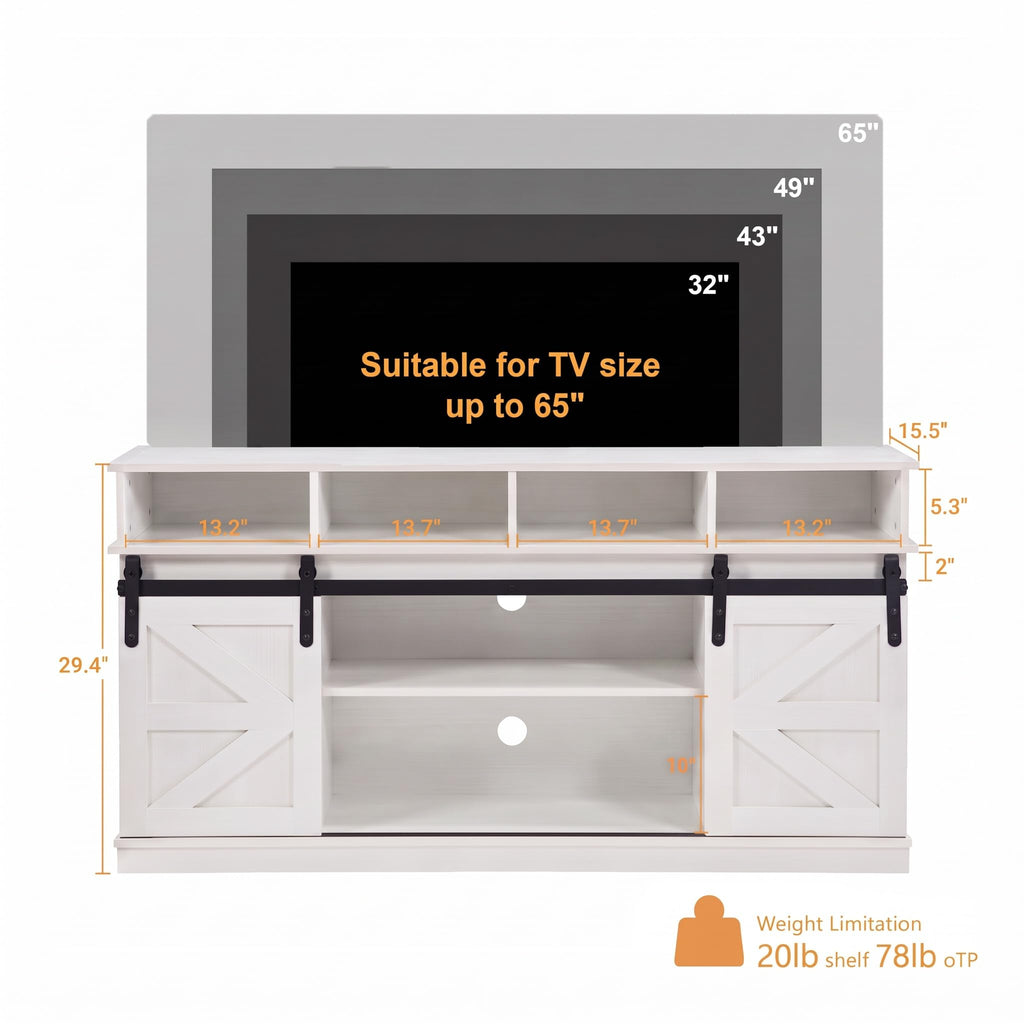 White Farmhouse TV Stand with Sliding Barn Doors V4044