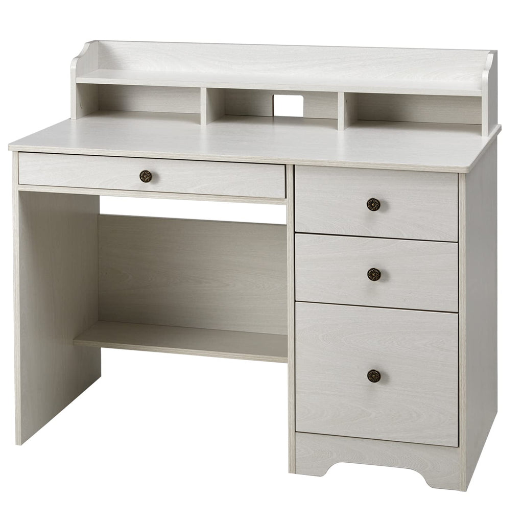Oak White Computer Desk with 4 Drawers and Hutch Shelf Q6185
