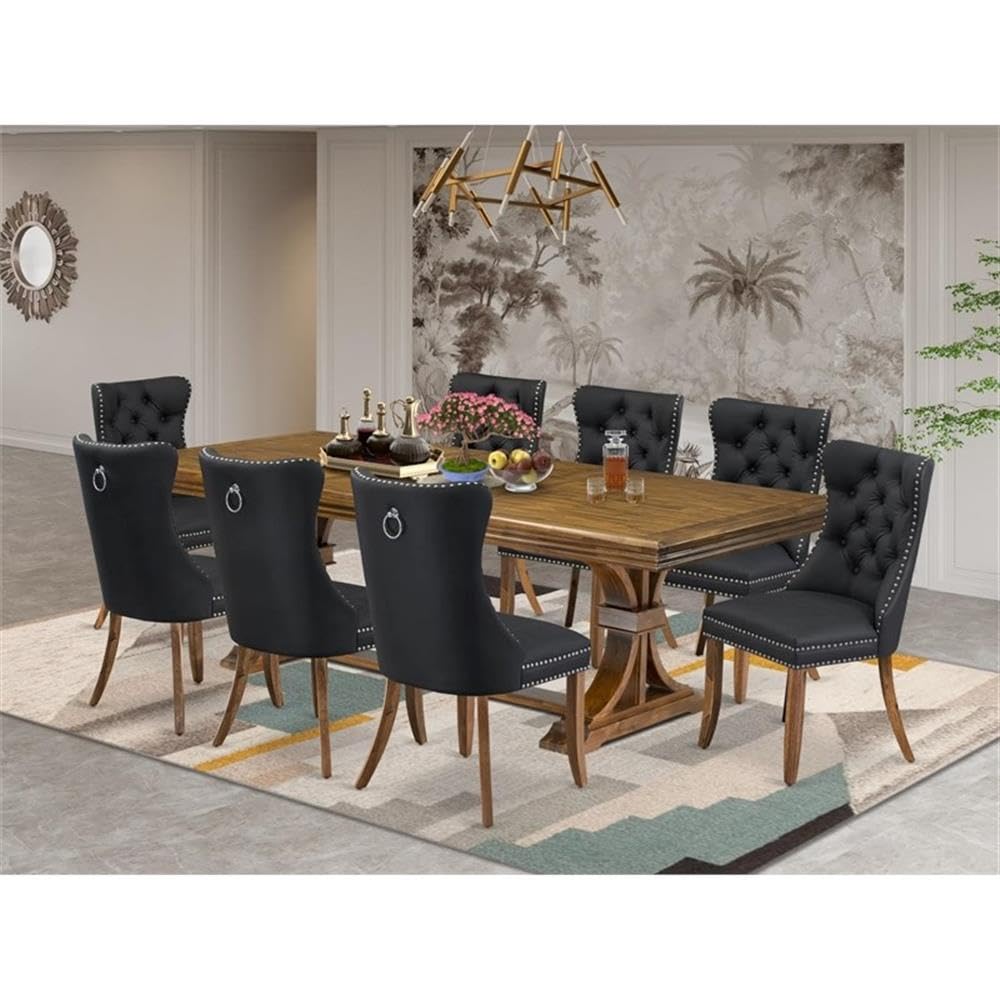 9-Piece Acacia Wood Dining Set with 8 Dark Grey Faux Leather Chairs G2512