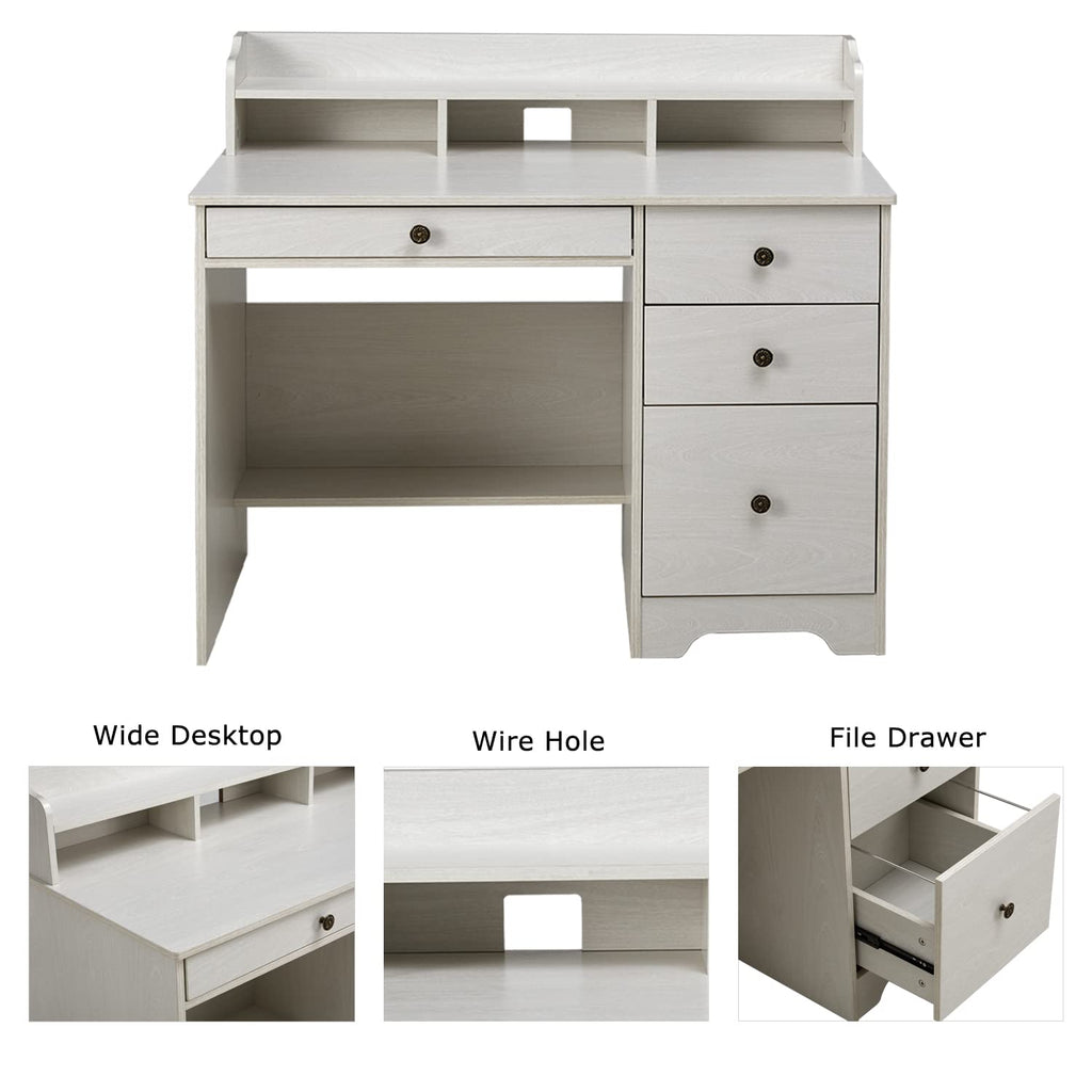 Oak White Computer Desk with 4 Drawers and Hutch Shelf Q6185