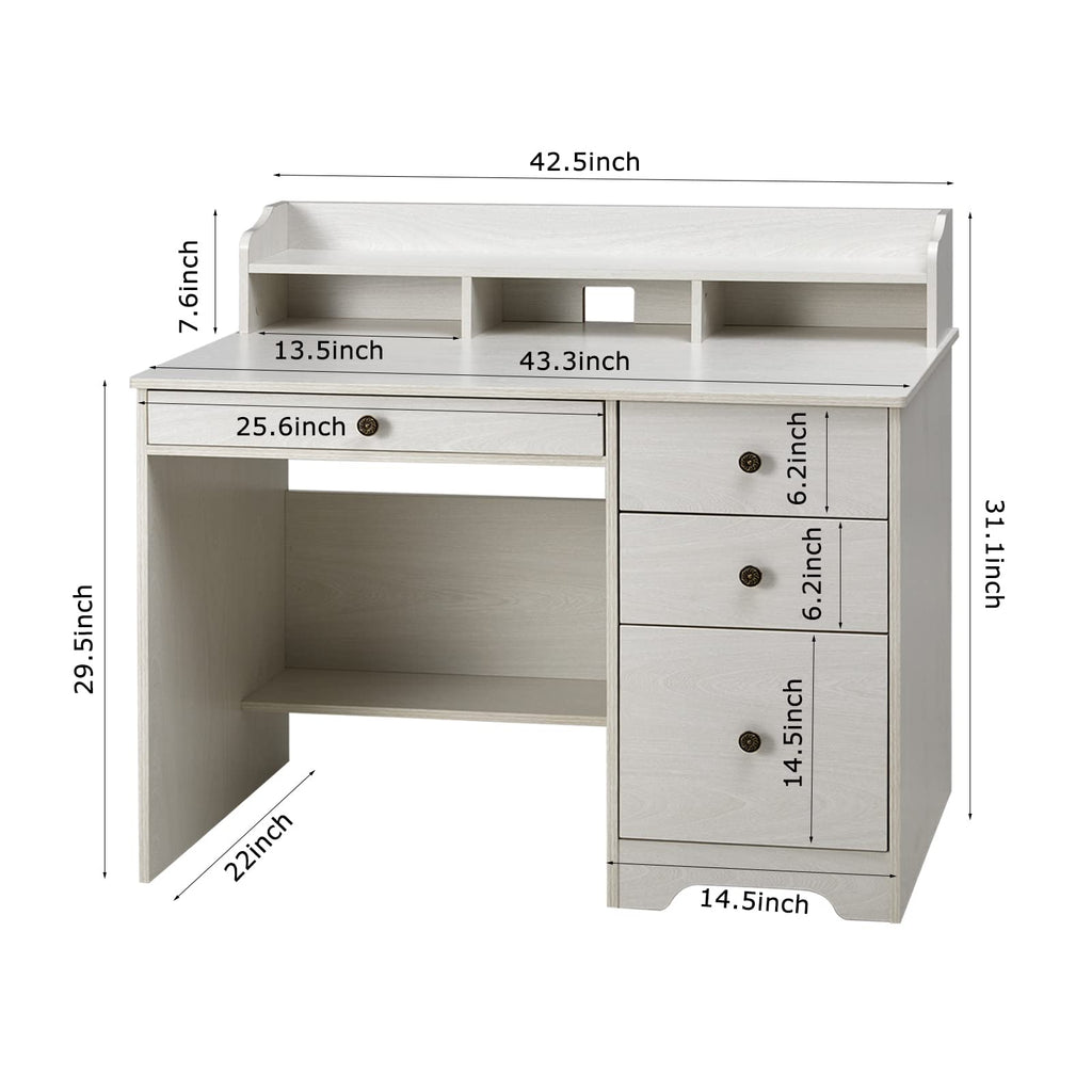 Oak White Computer Desk with 4 Drawers and Hutch Shelf Q6185