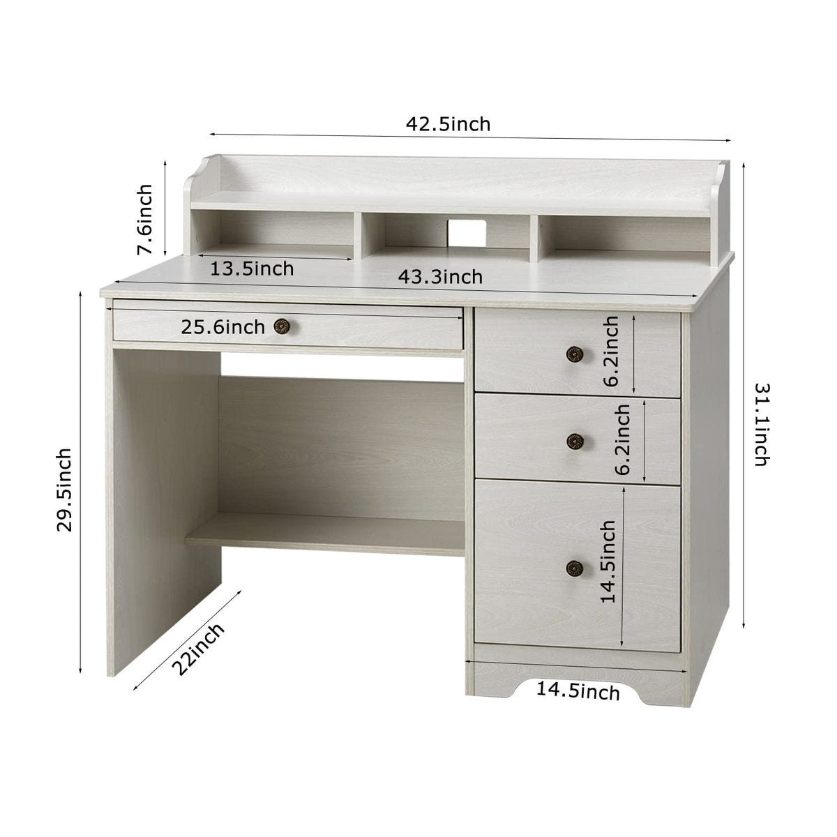 Oak White Computer Desk with 4 Drawers and Hutch Shelf Q6185