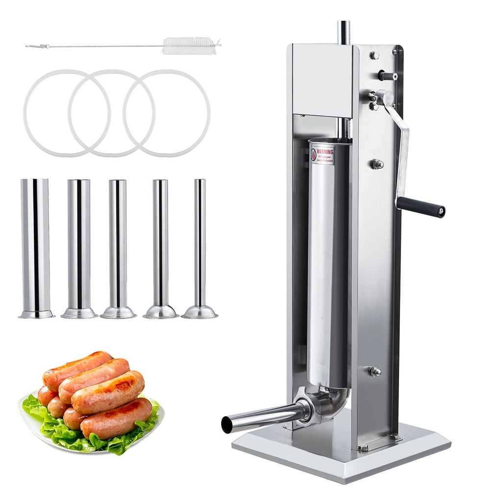 Manual 15LBS Stainless Steel Sausage Stuffer with 5 Stuffing Tubes S7185