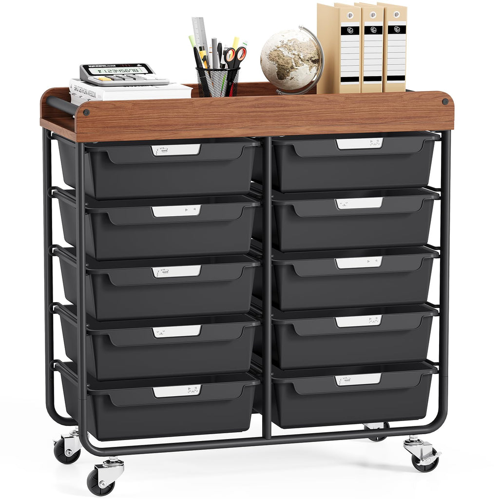 10 Drawer Rolling Storage Cart with Wooden Tabletop C577