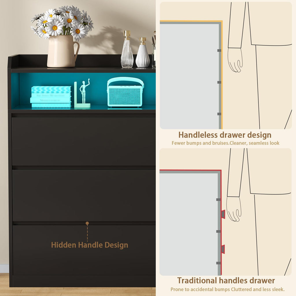 Black Dresser with LED Lights and Power Strip R315549