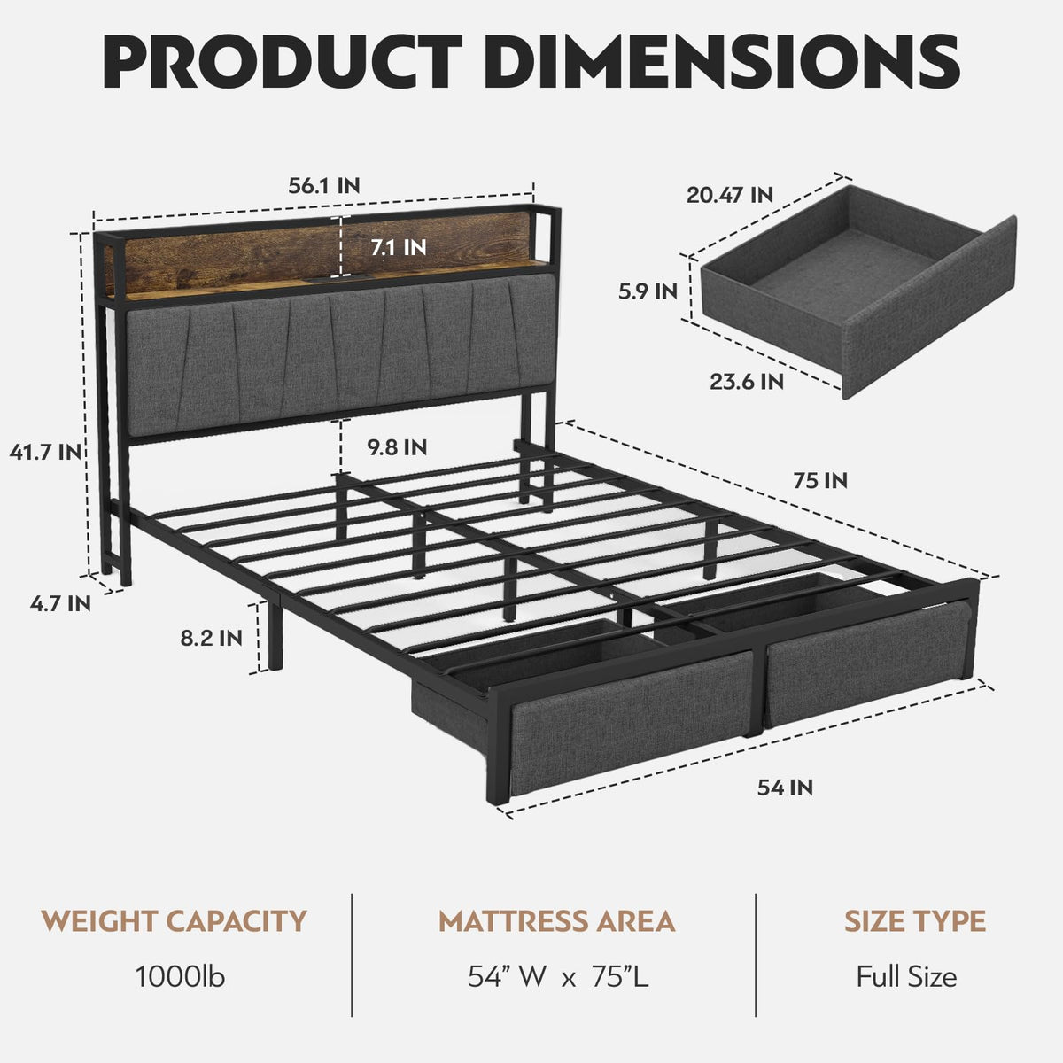 Full Size Storage Bed Frame with Headboard I568