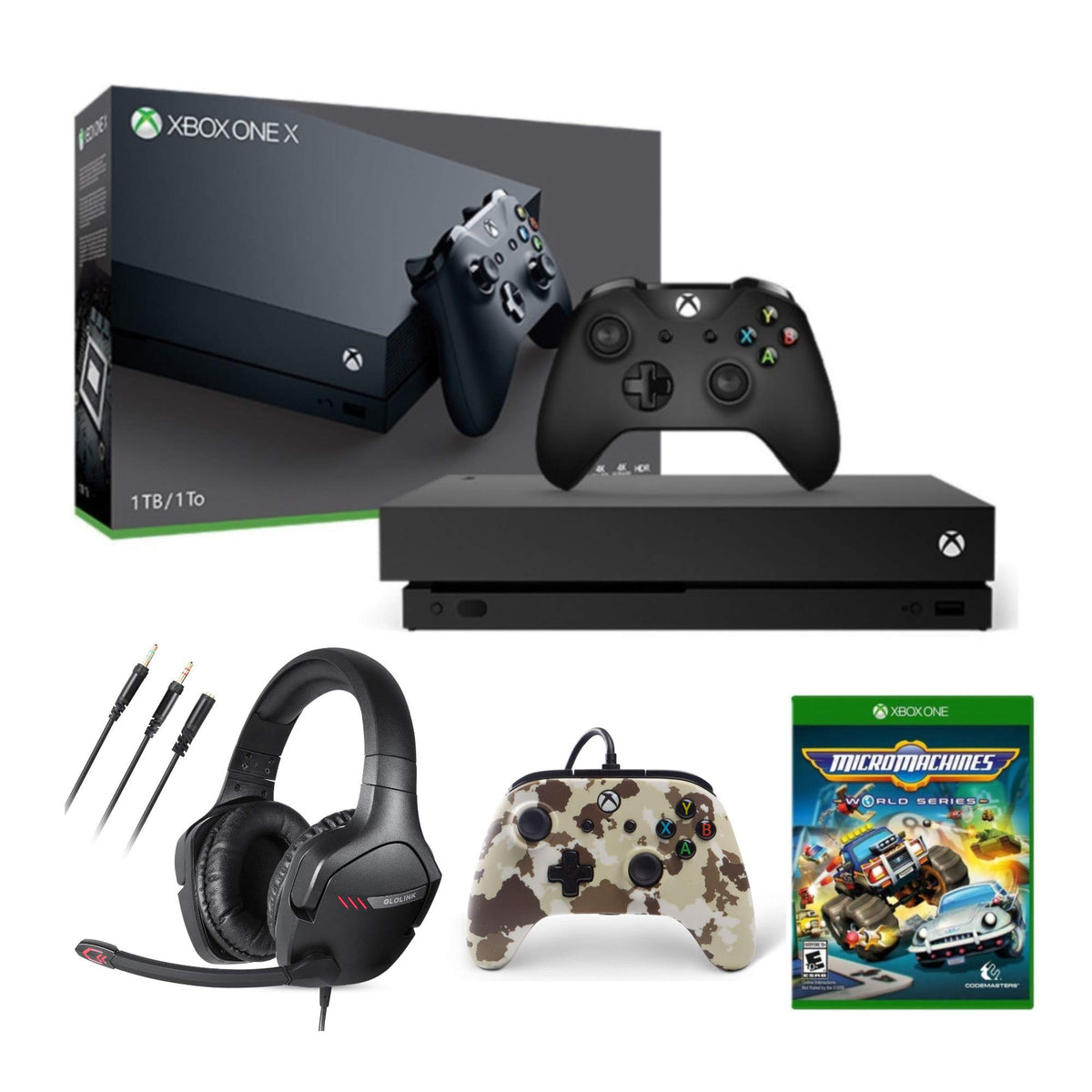 Xbox One X 1TB Gaming Console with Wireless Controller, Headset, Wired Controller and Game L1061