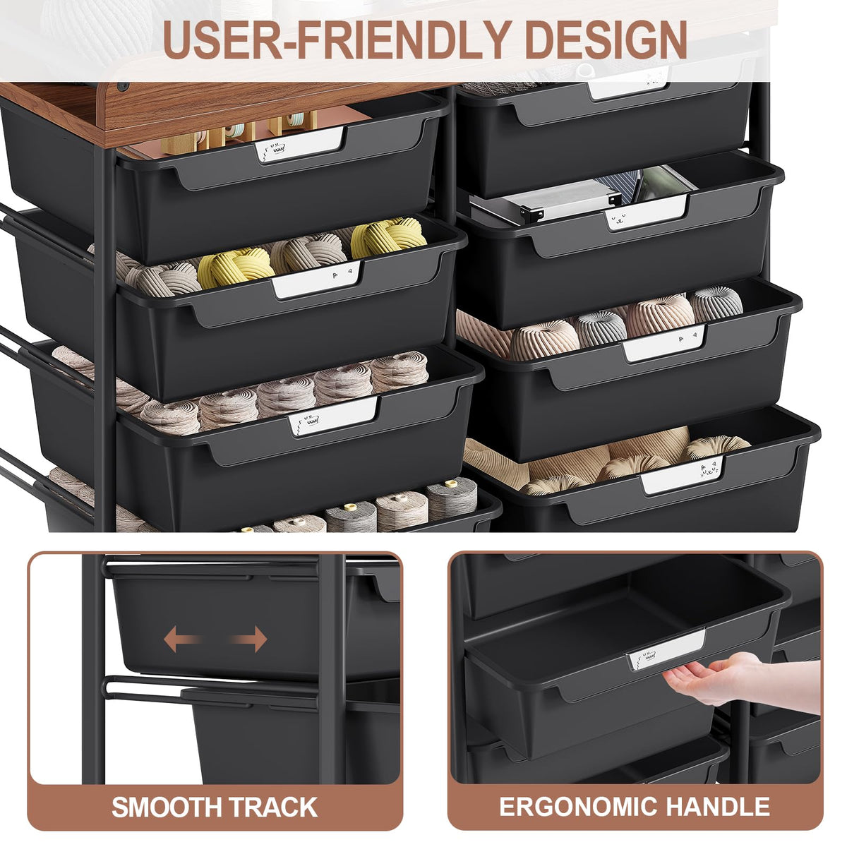 10 Drawer Rolling Storage Cart with Wooden Tabletop C577