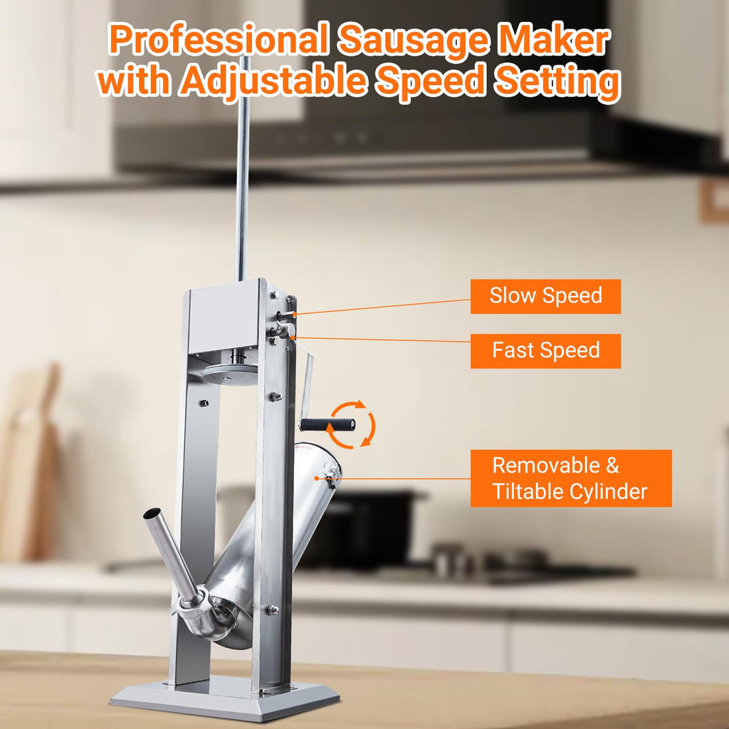 Manual 15LBS Stainless Steel Sausage Stuffer with 5 Stuffing Tubes S7185