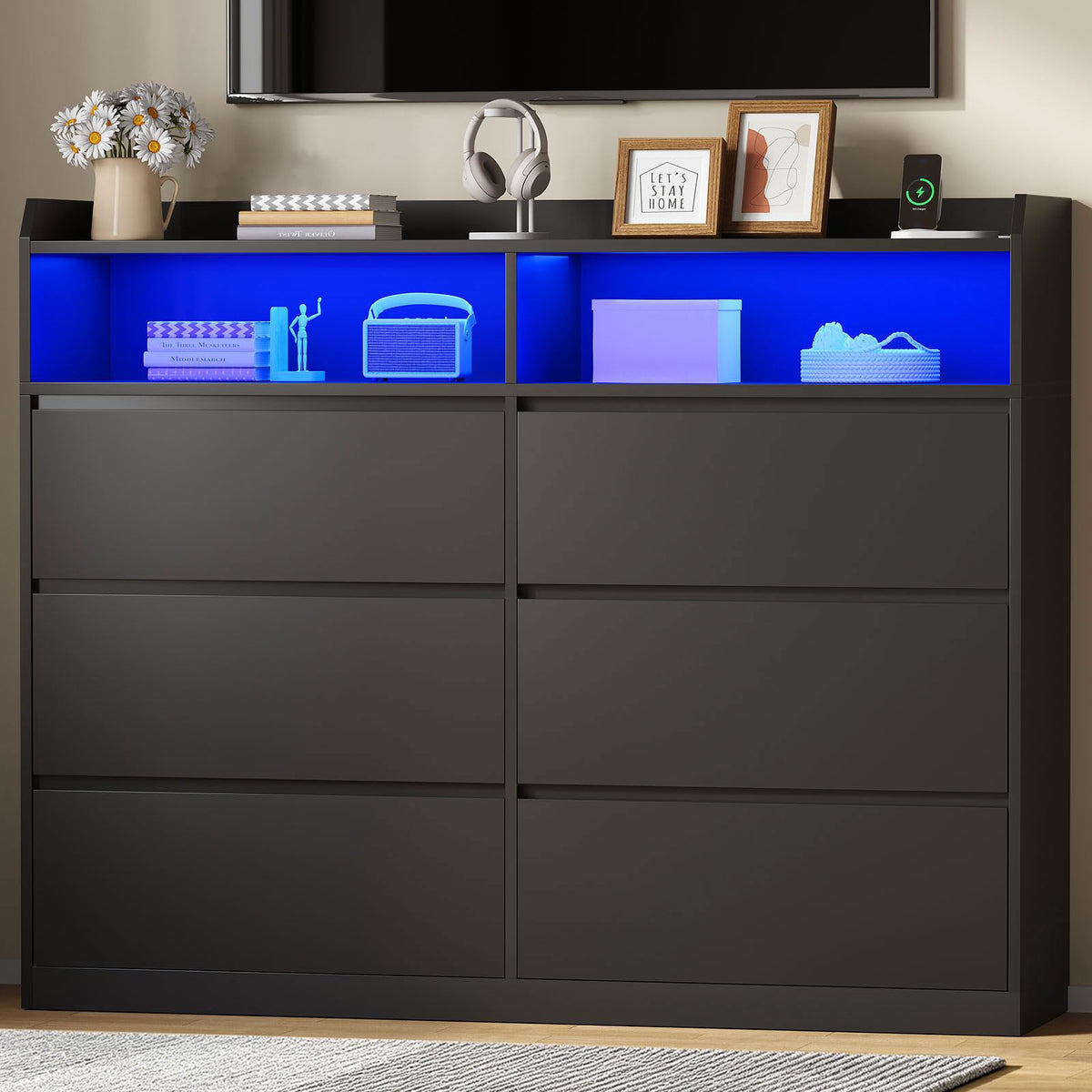 Black Dresser with LED Lights and Power Strip R315549