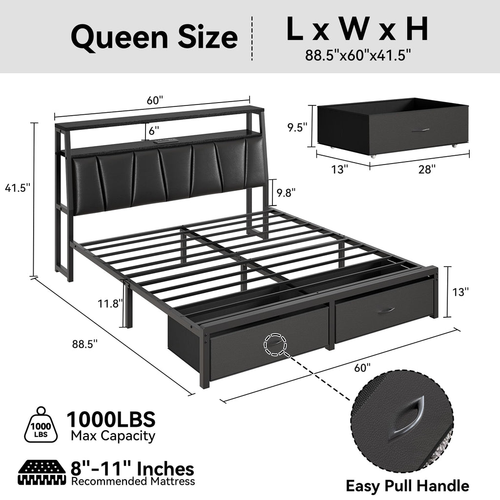 Queen Bed Frame with Storage Headboard and 2 Drawers X8716