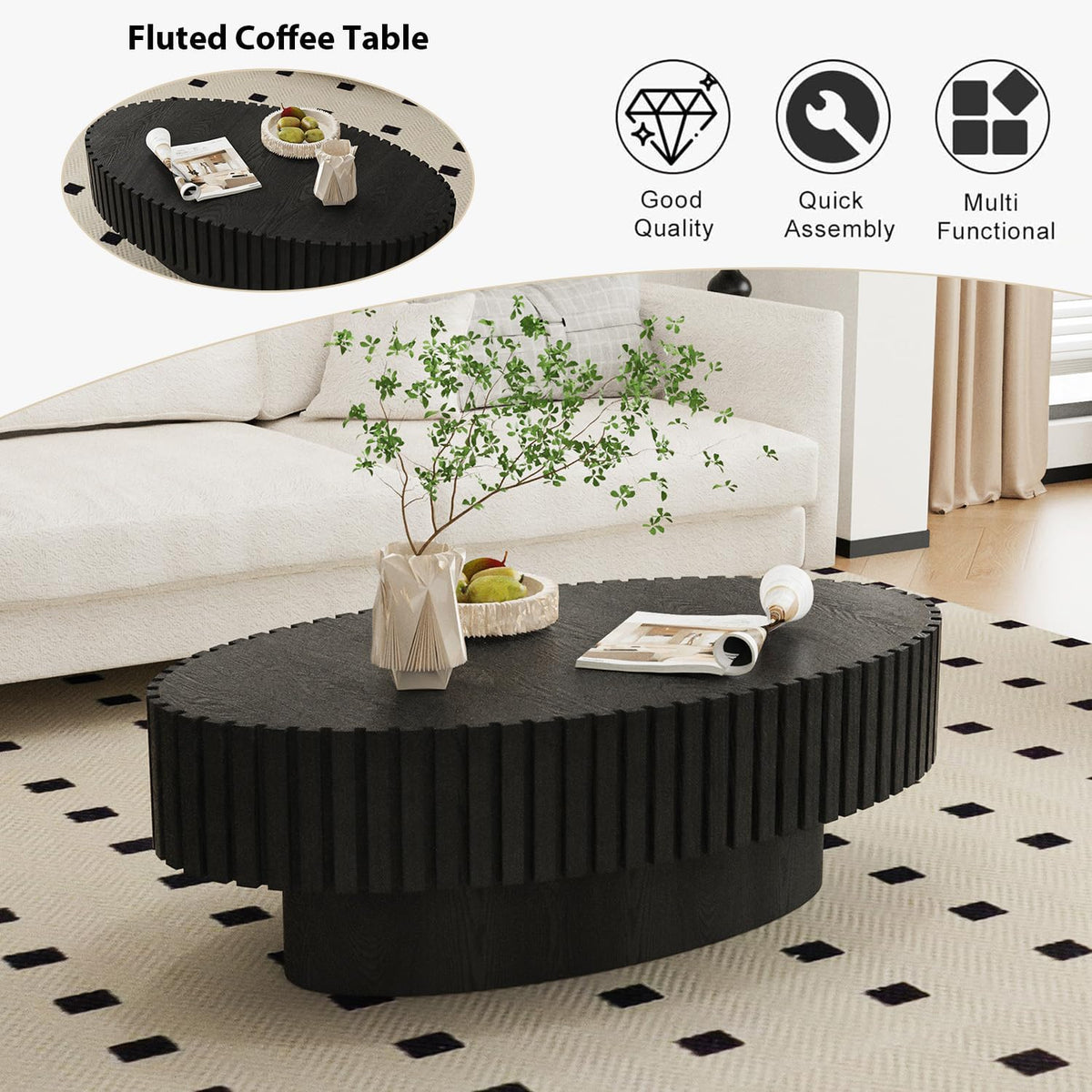 Black Oval Fluted Coffee Table A507