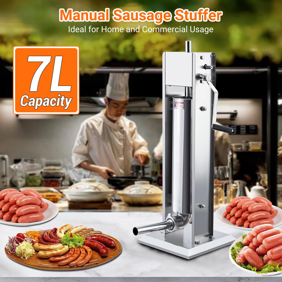 Manual 15LBS Stainless Steel Sausage Stuffer with 5 Stuffing Tubes S7185