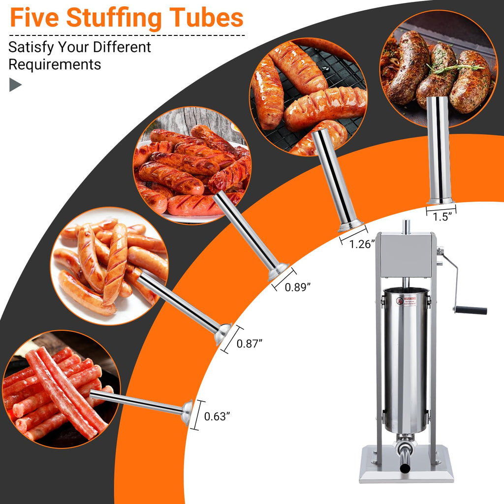 Manual 15LBS Stainless Steel Sausage Stuffer with 5 Stuffing Tubes S7185