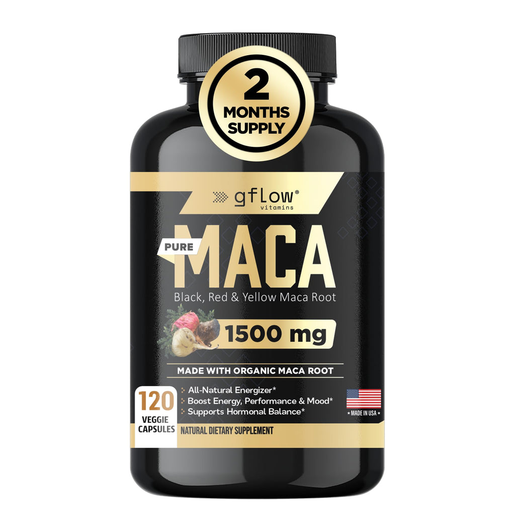 Organic Maca Root Capsules - Black, Red, Yellow Peruvian Maca Root Extract & Black Pepper - 120 Vegan Pills V588