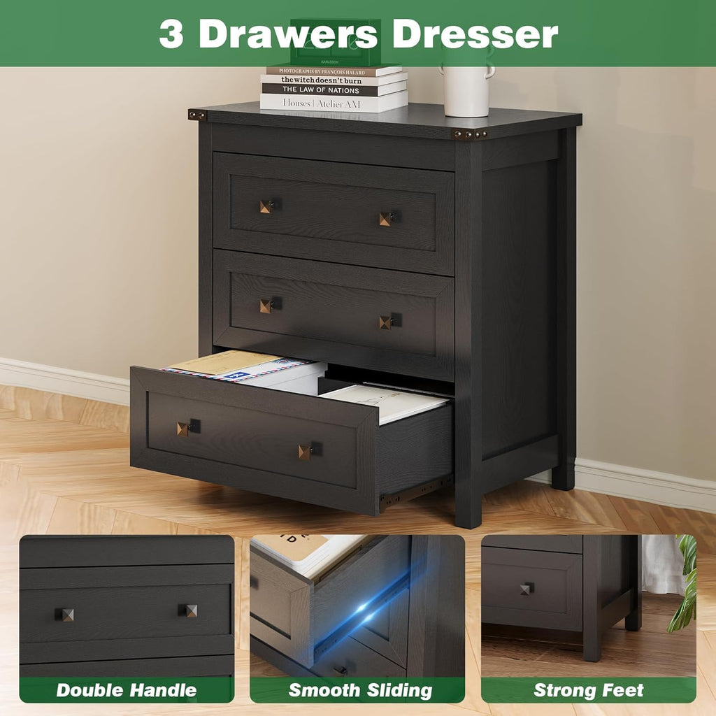 27.6" Wide Black 3 Drawer Wood Nightstand T8487