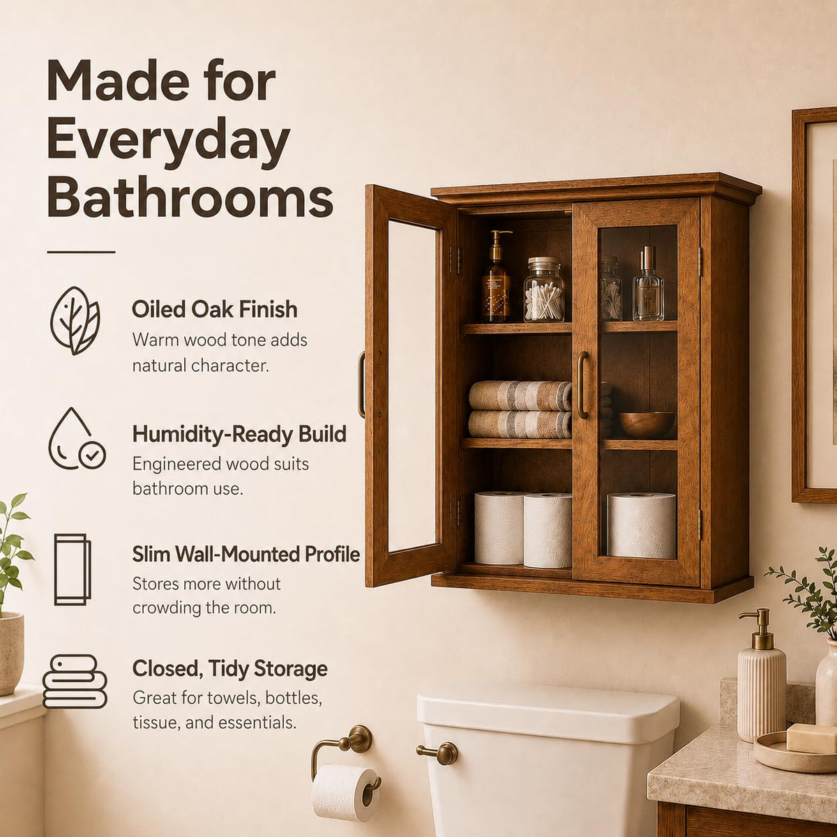 Wooden Over The Toilet Bathroom Medicine Cabinet with 2 Adjustable Shelves I553589