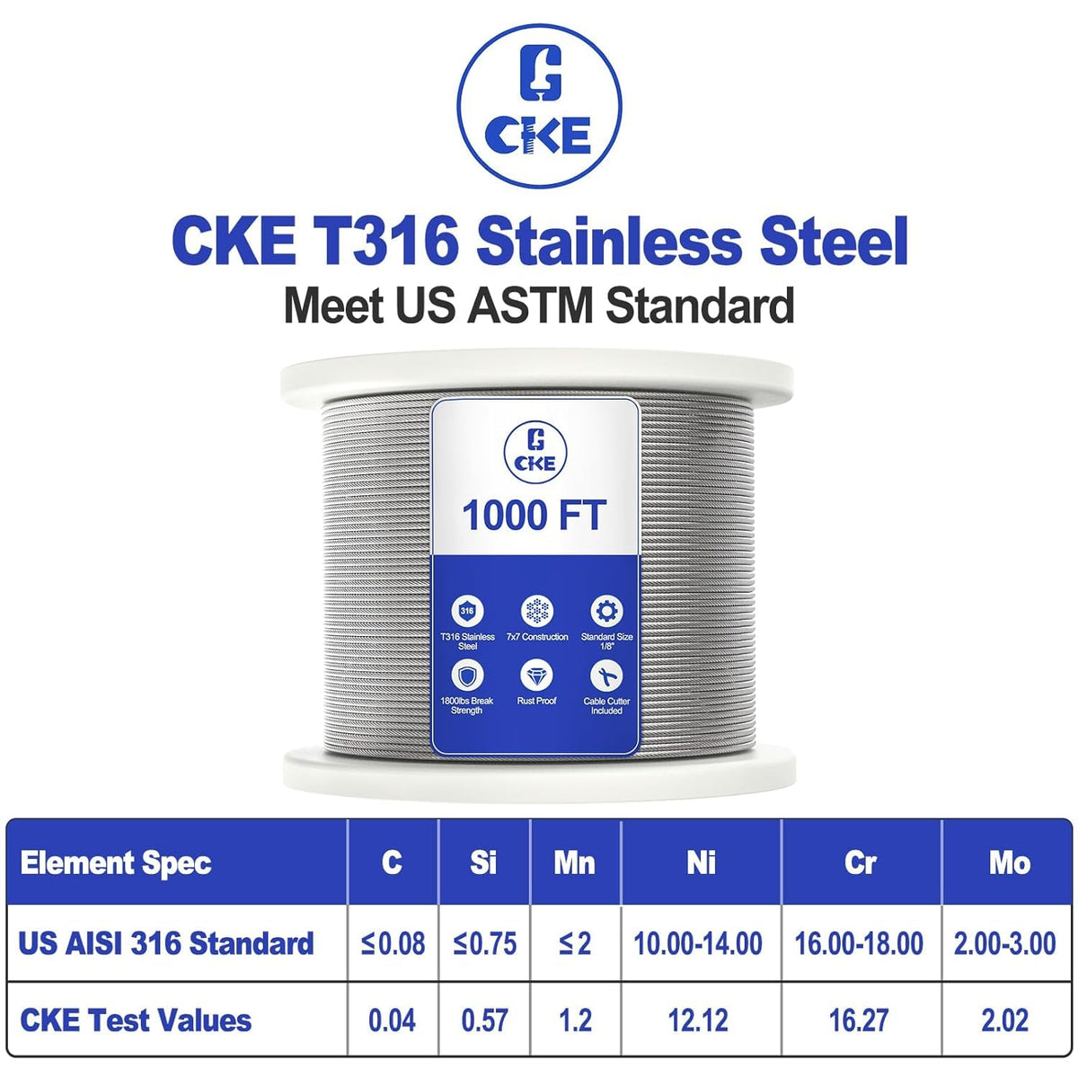 1/8" Stainless Steel Wire Rope Cable 7x7 Strands F874