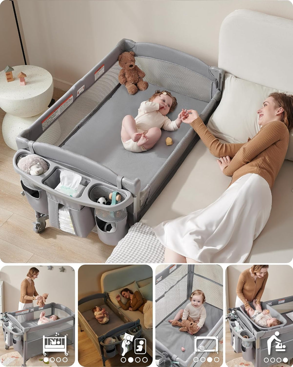 4-in-1 Baby Bassinet, Bedside Sleeper, Playard, Changing Table Q360