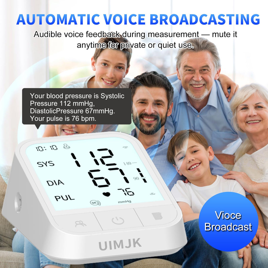 Upper Arm Blood Pressure Monitor, Automatic Digital with Voice Broadcast & Irregular Heartbeat Detection, Backlit LED Display, Adjustable Cuff 8.66-16.5'', 2x99 Memory & Guest Mode, AAA & Type-C I718