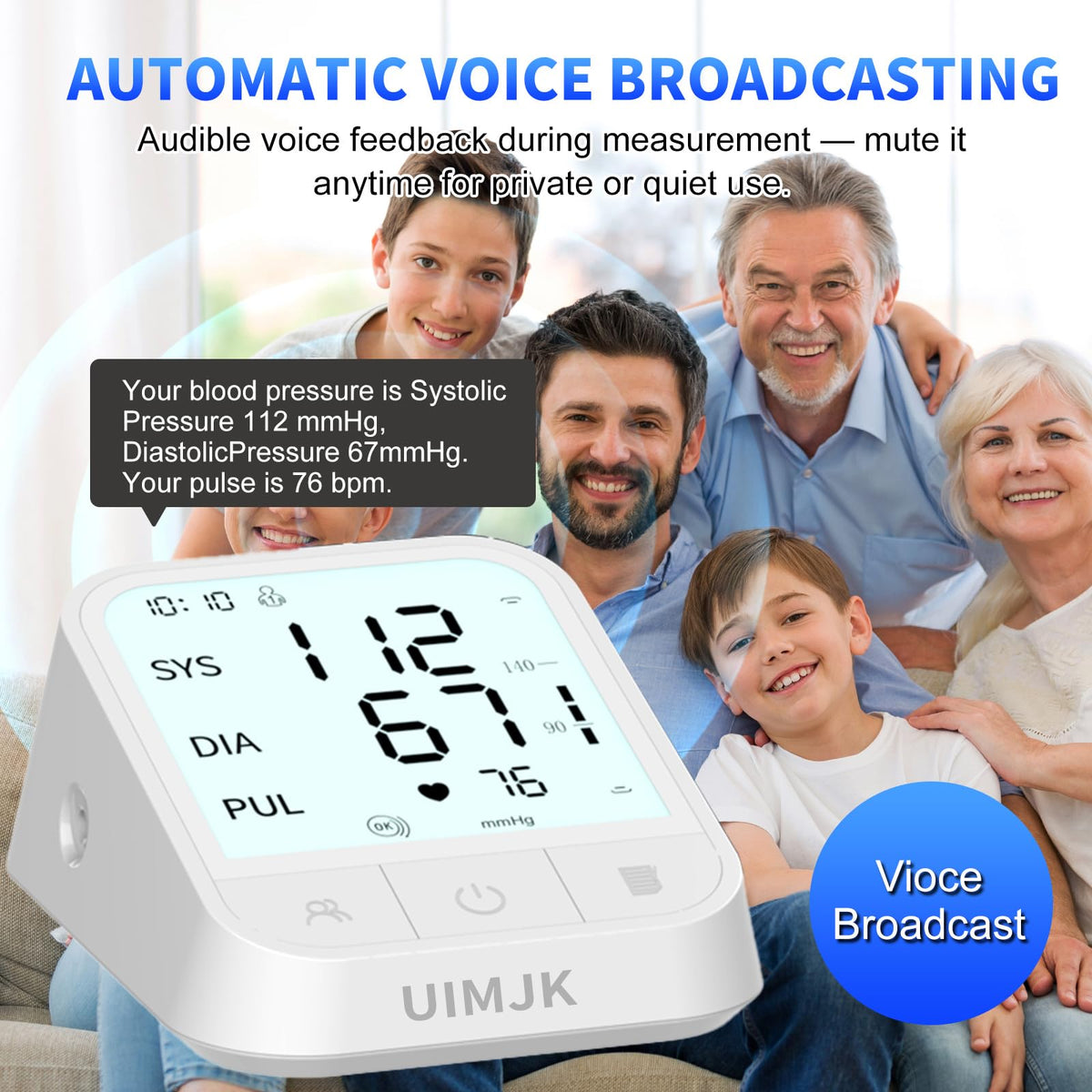 Upper Arm Blood Pressure Monitor, Automatic Digital with Voice Broadcast & Irregular Heartbeat Detection, Backlit LED Display, Adjustable Cuff 8.66-16.5'', 2x99 Memory & Guest Mode, AAA & Type-C I718