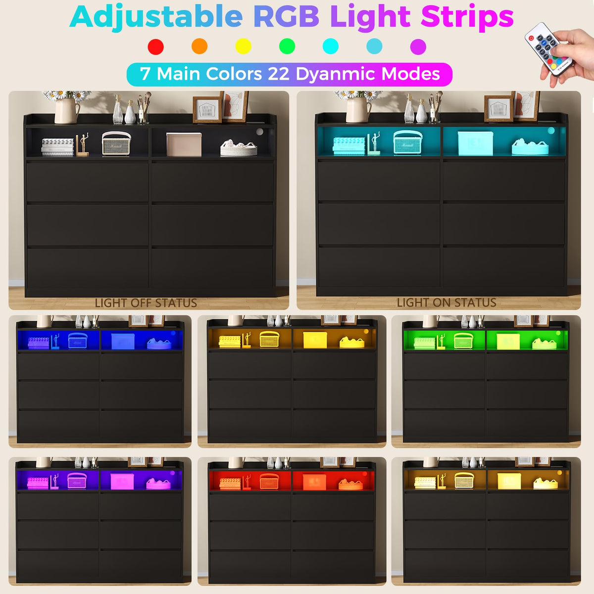 Black Dresser with LED Lights and Power Strip R315549