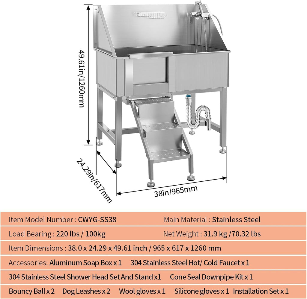 38" Stainless Steel Dog Grooming Tub with Ramp L823643