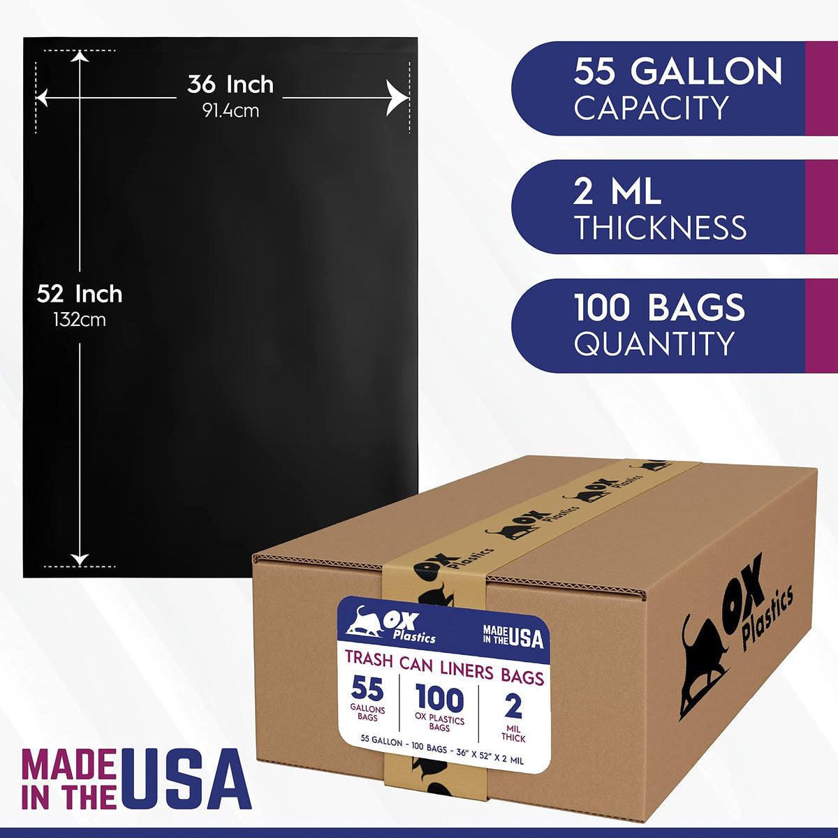 55 Gallon 2 MIL 100 Count Black Trash Bag S89407