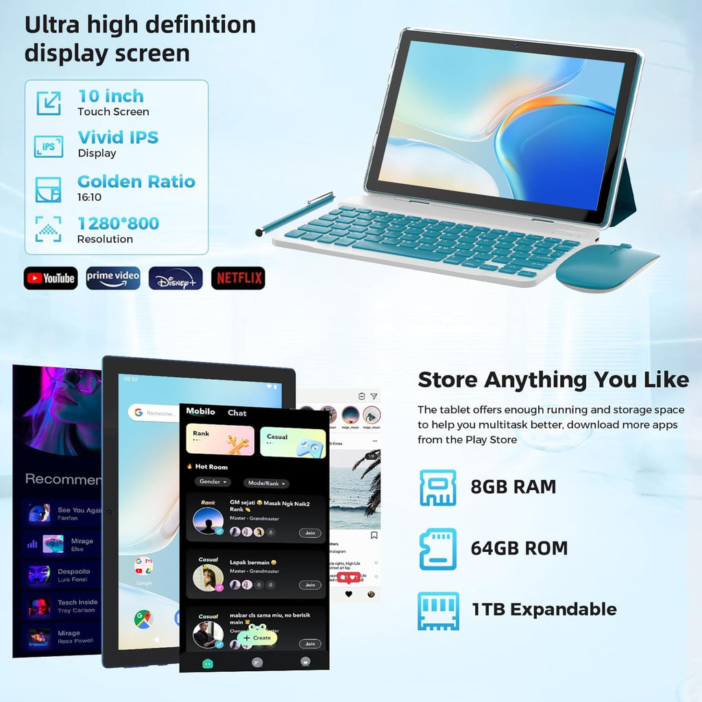 10 Inch Android Tablet with Keyboard Mouse Case Stylus O4560