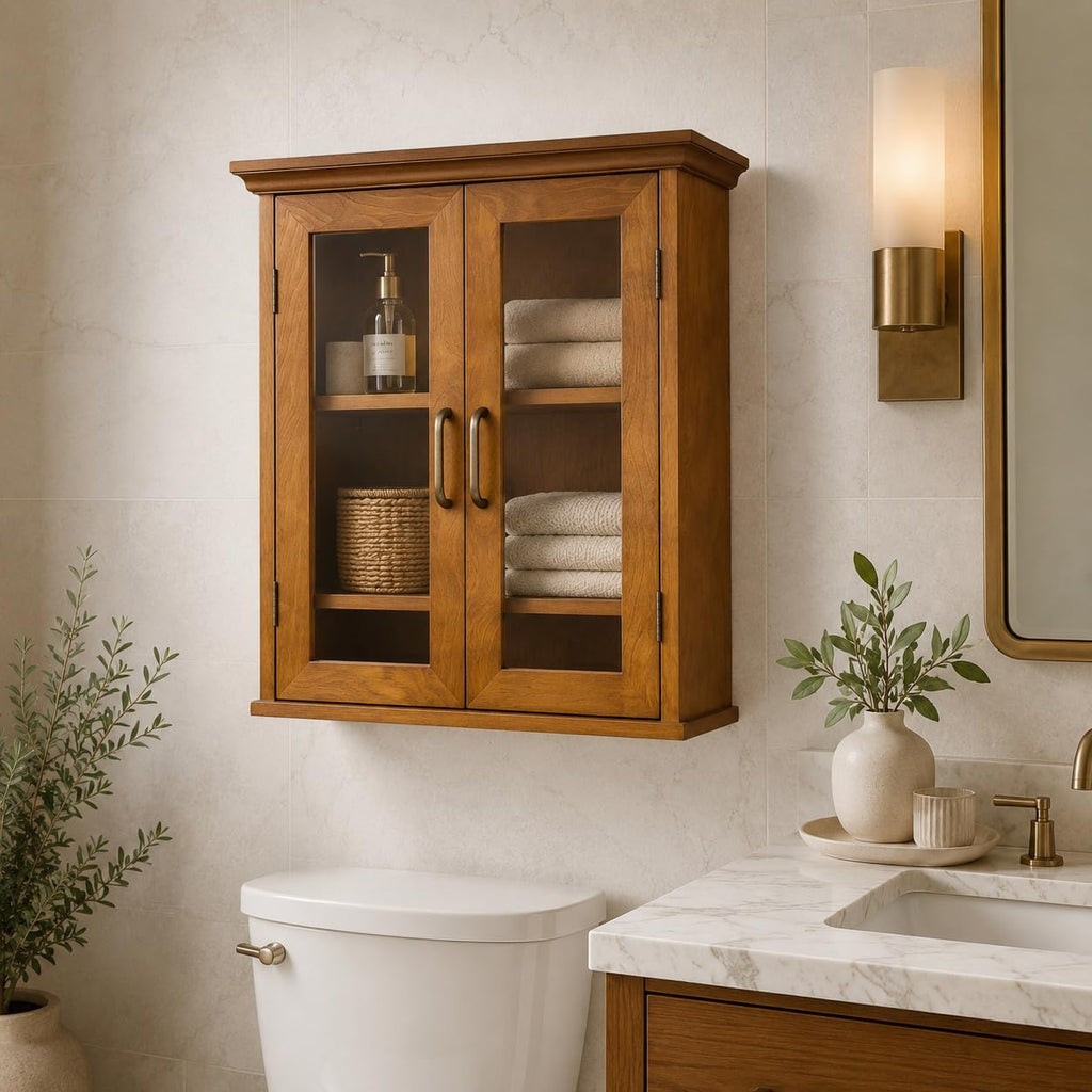 Wooden Over The Toilet Bathroom Medicine Cabinet with 2 Adjustable Shelves I553589