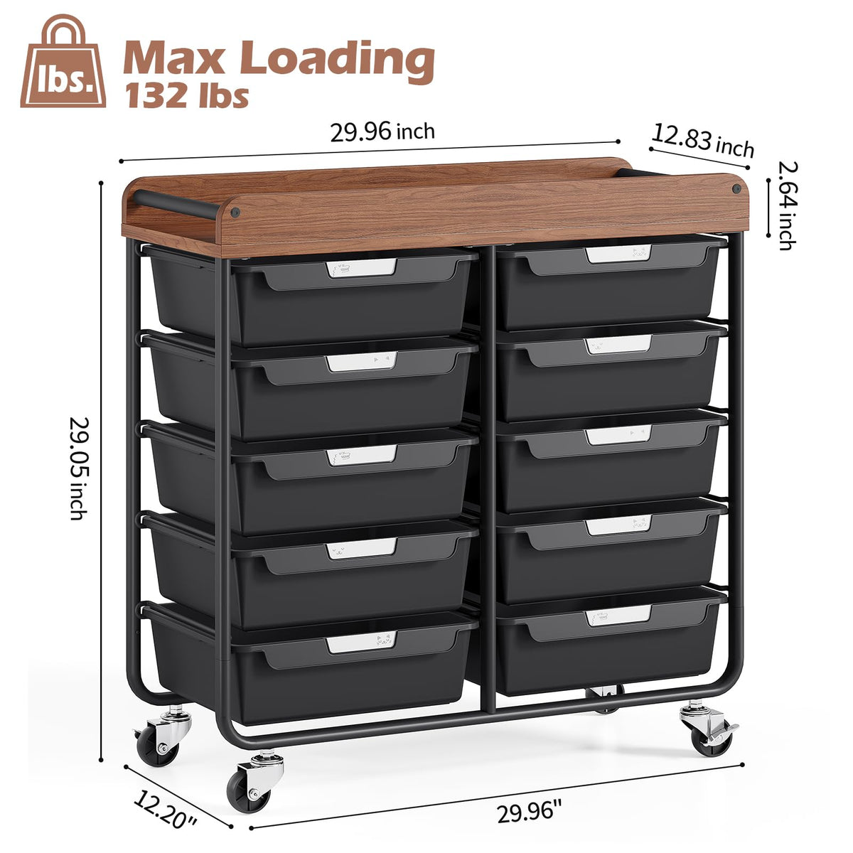 10 Drawer Rolling Storage Cart with Wooden Tabletop C577