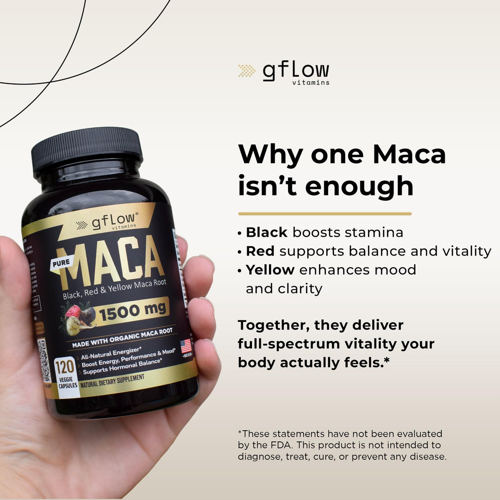 Organic Maca Root Capsules - Black, Red, Yellow Peruvian Maca Root Extract & Black Pepper - 120 Vegan Pills V588
