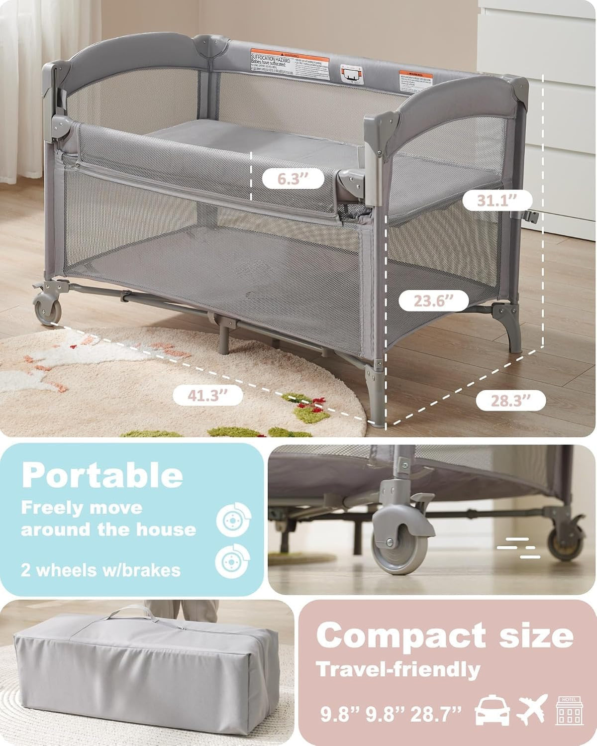 4-in-1 Baby Bassinet, Bedside Sleeper, Playard, Changing Table Q360