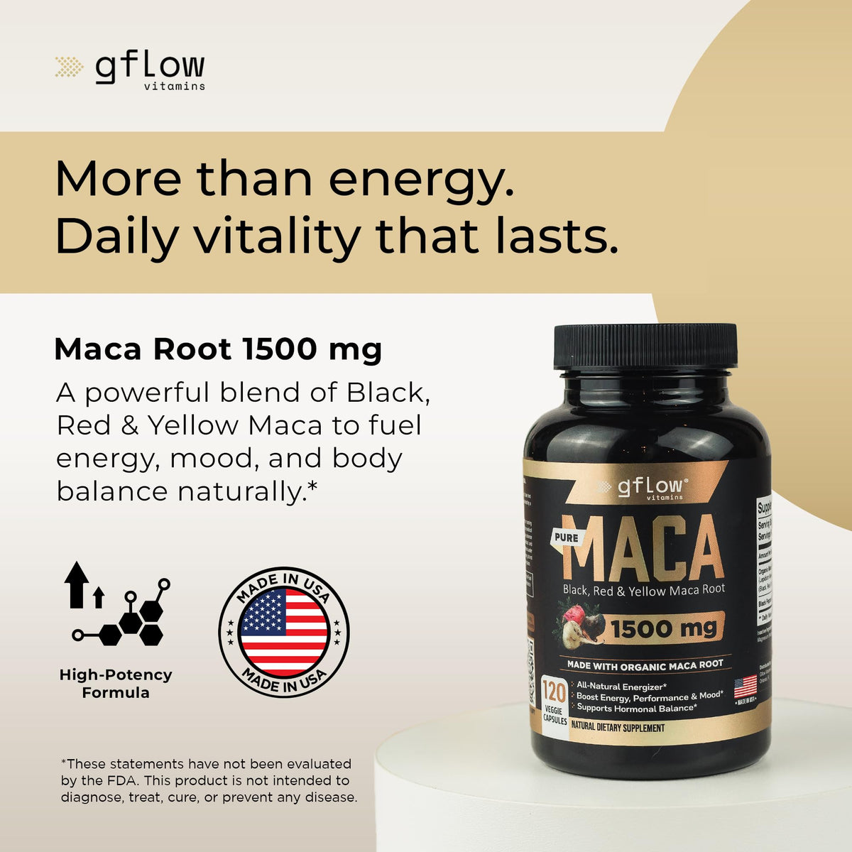 Organic Maca Root Capsules - Black, Red, Yellow Peruvian Maca Root Extract & Black Pepper - 120 Vegan Pills V588