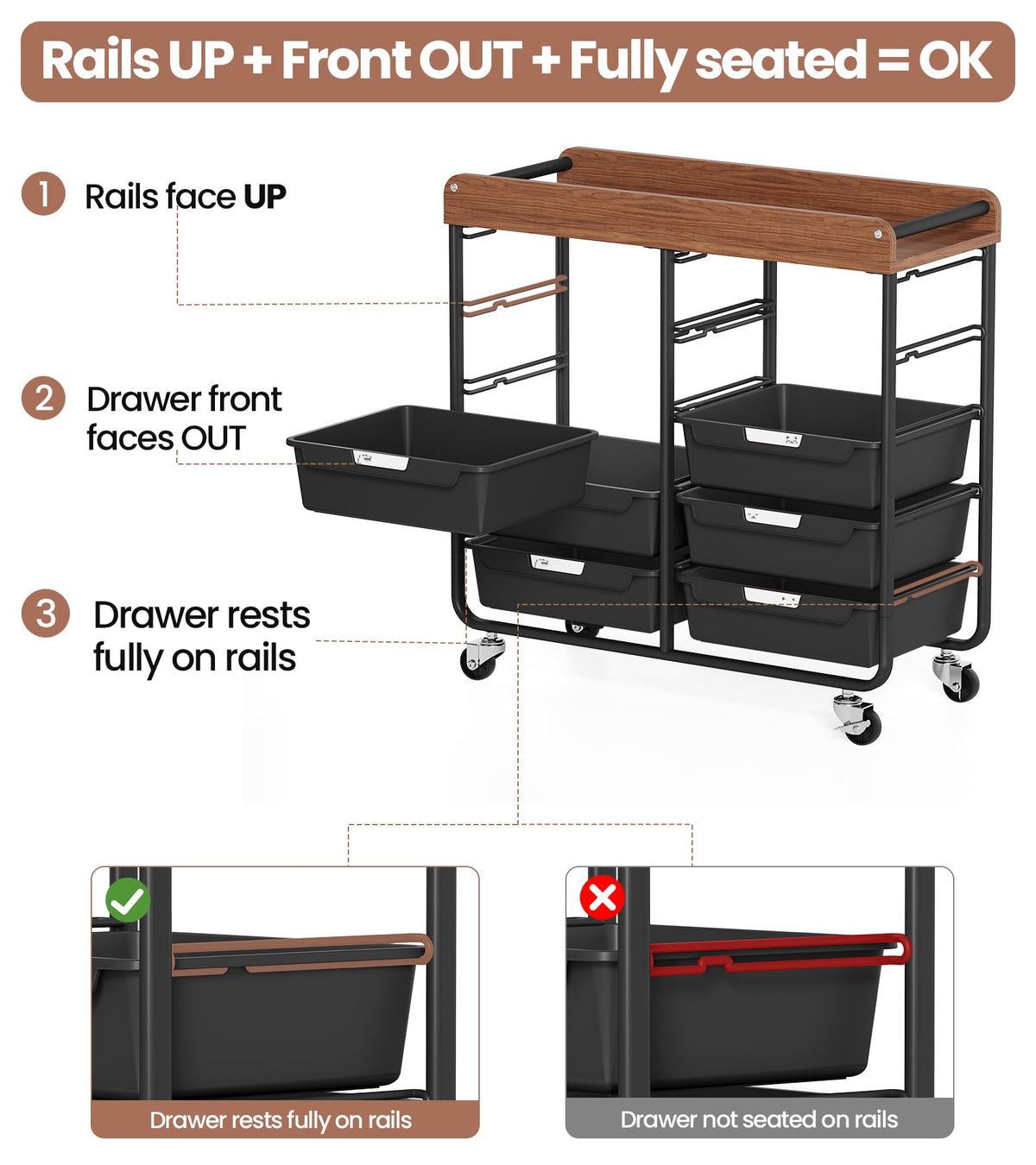 10 Drawer Rolling Storage Cart with Wooden Tabletop C577
