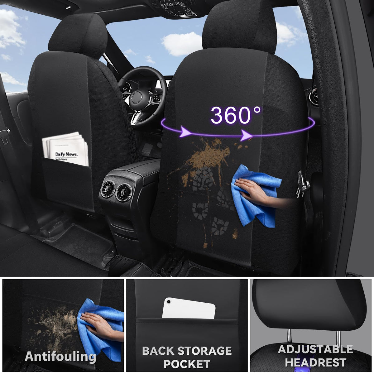Black Nappa Leather Car Seat Covers Full Set B128