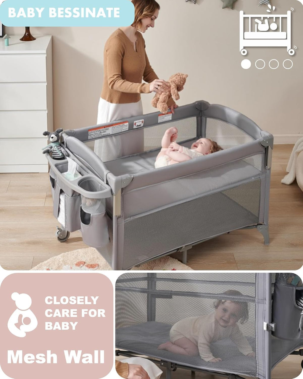 4-in-1 Baby Bassinet, Bedside Sleeper, Playard, Changing Table Q360