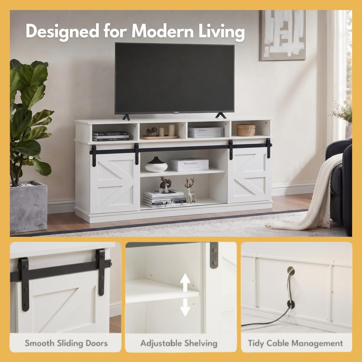 White Farmhouse TV Stand with Sliding Barn Doors V4044