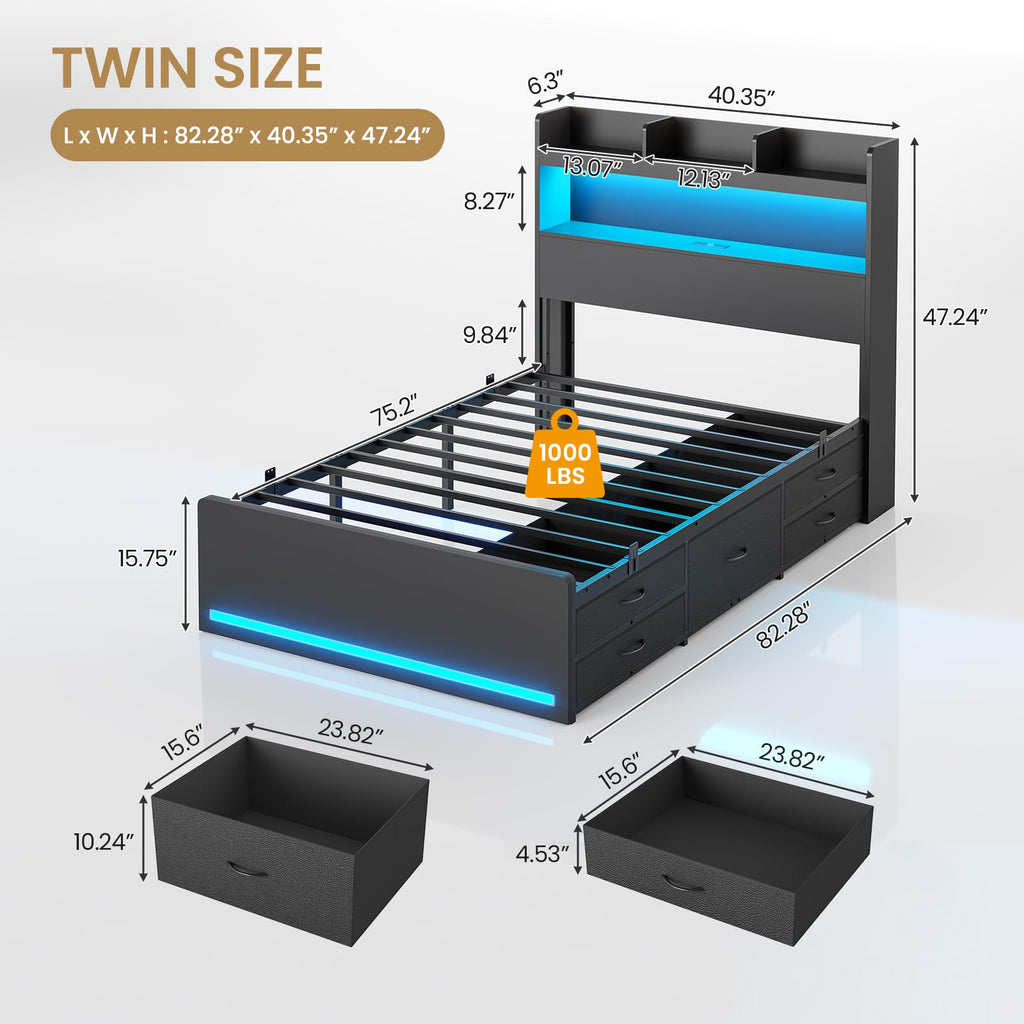 Twin Size Storage Bed Frame with 5 Drawers F2581