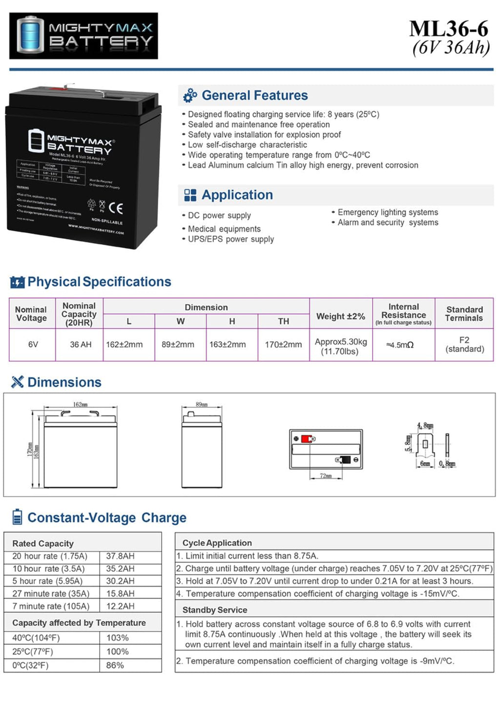 6V 36Ah AGM F2 Terminal Battery E65161