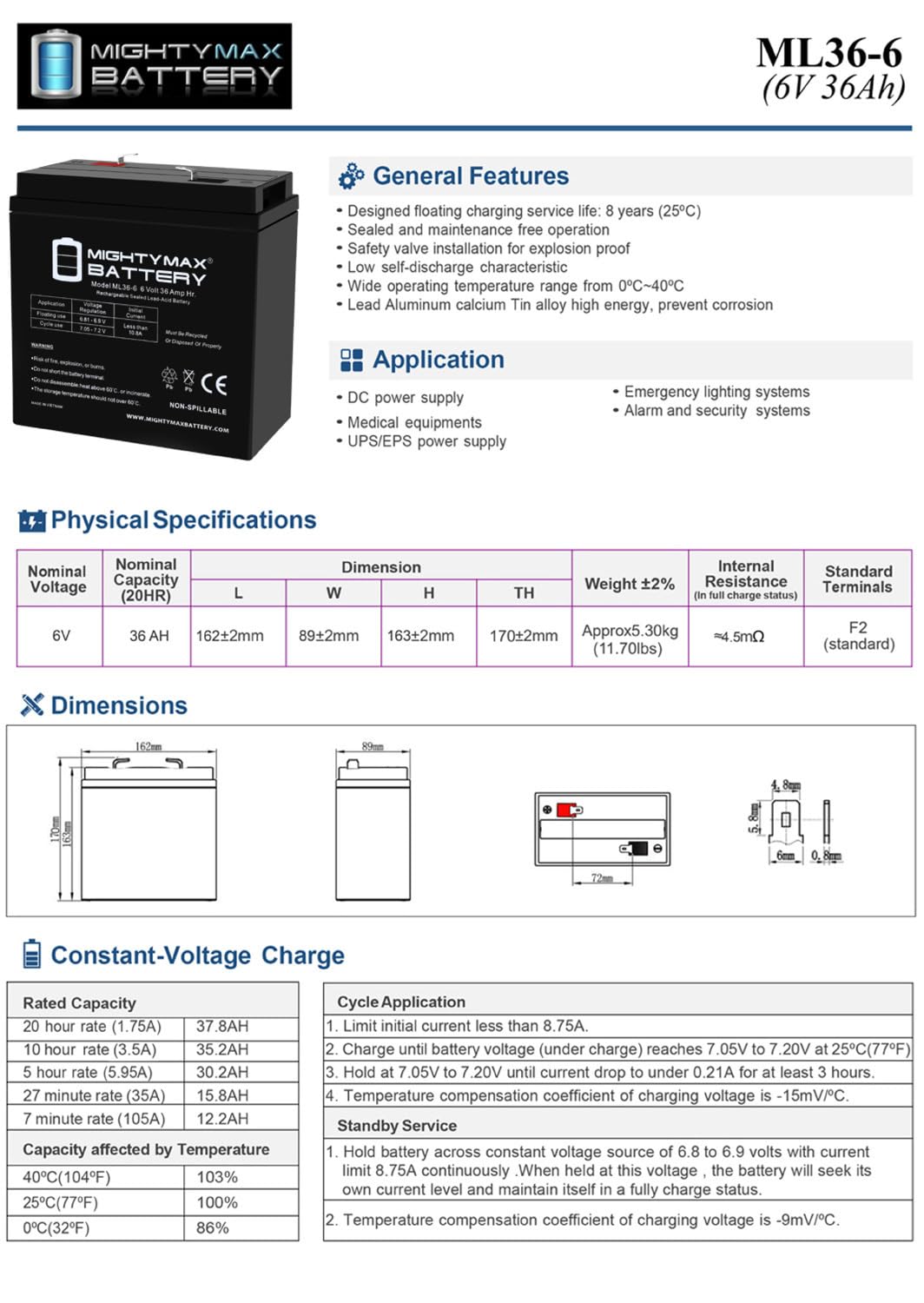 6V 36Ah AGM F2 Terminal Battery E65161