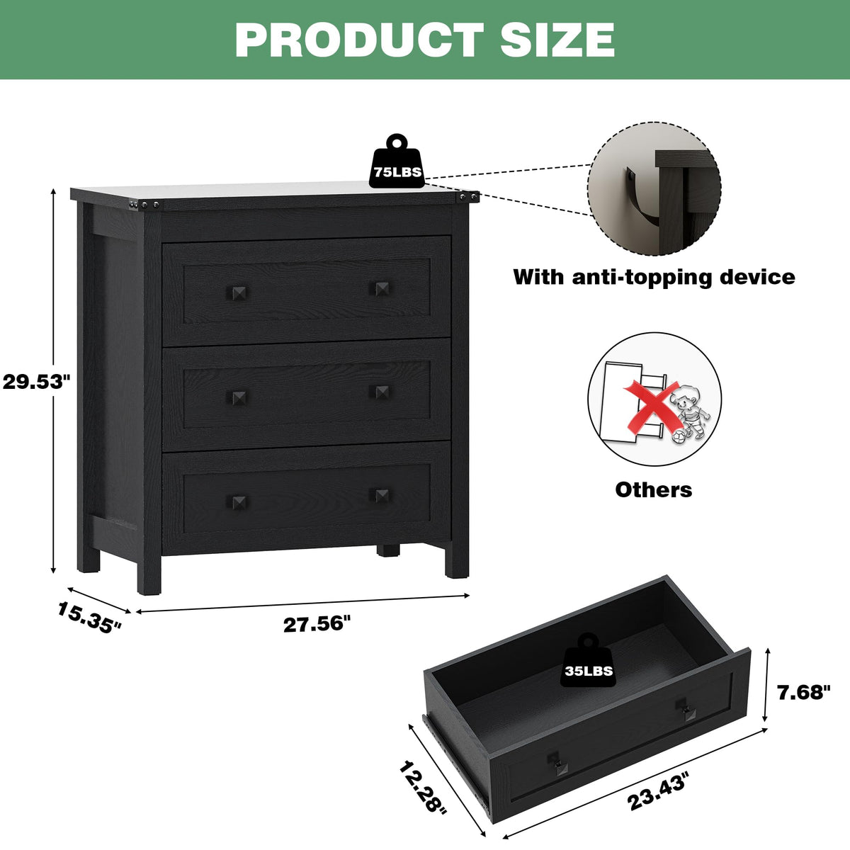 27.6" Wide Black 3 Drawer Wood Nightstand T8487