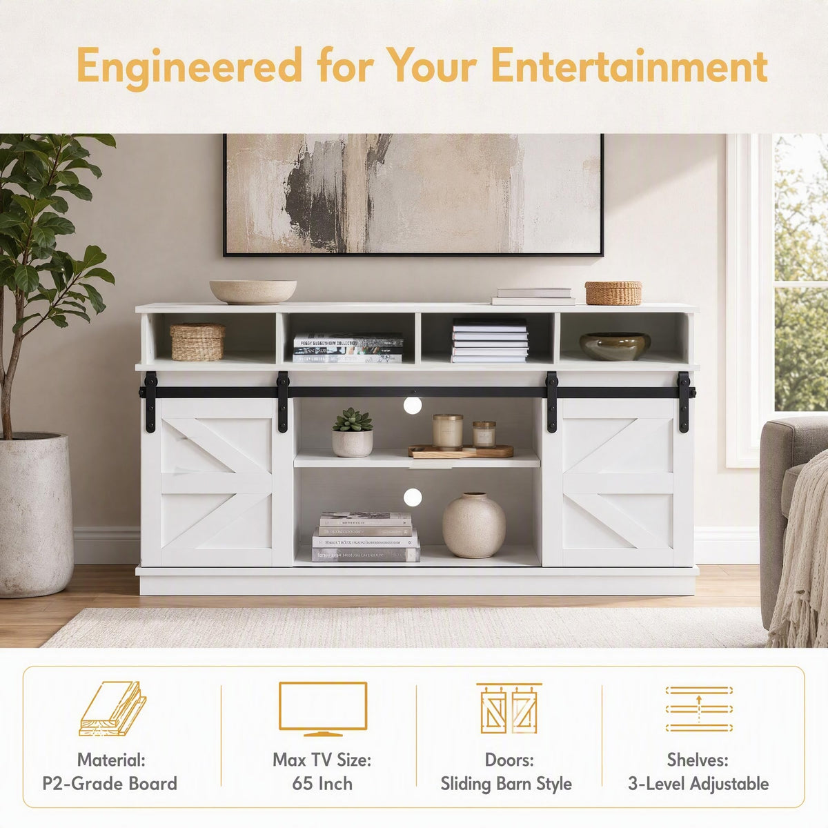 White Farmhouse TV Stand with Sliding Barn Doors V4044