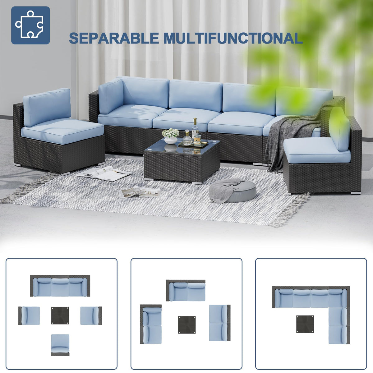7-Piece All-Weather Wicker Patio Sofa Set with Glass Coffee Table S83556