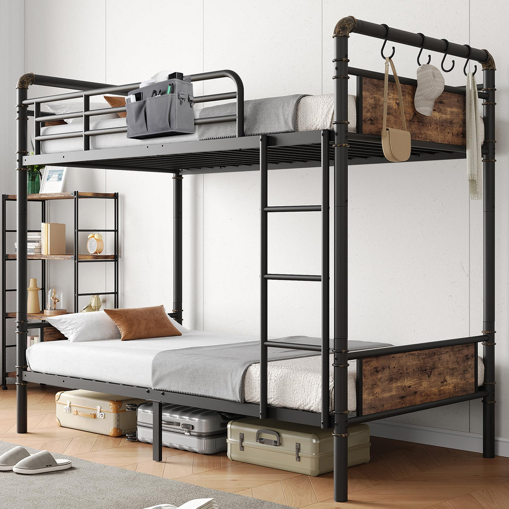 Twin Over Twin Metal Bunk Bed with Ladder and Guardrail I93845