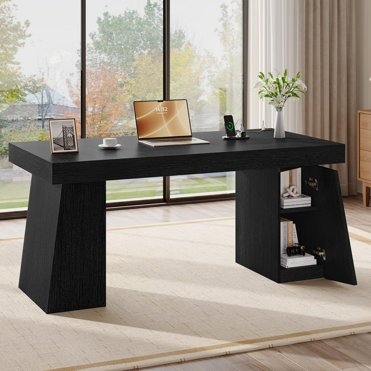 55.9" Black Wood Executive Desk with Storage T2284