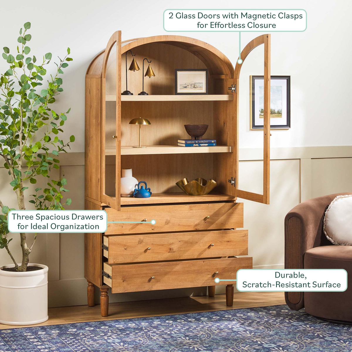 74 Inch English Oak Bookshelf Cabinet with Glass Doors W27028